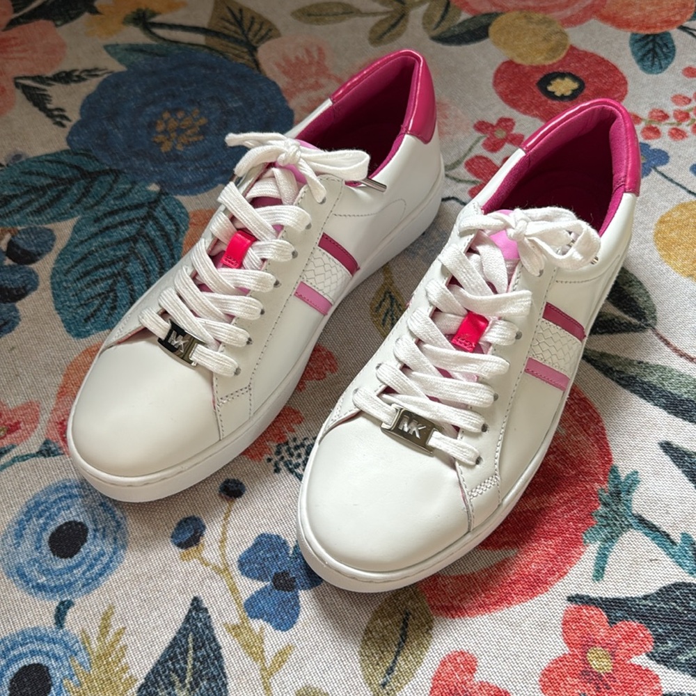 Michael Kors Irving Stripe sneaker shoe white pink silver lace-up school casual - Picture 3 of 7